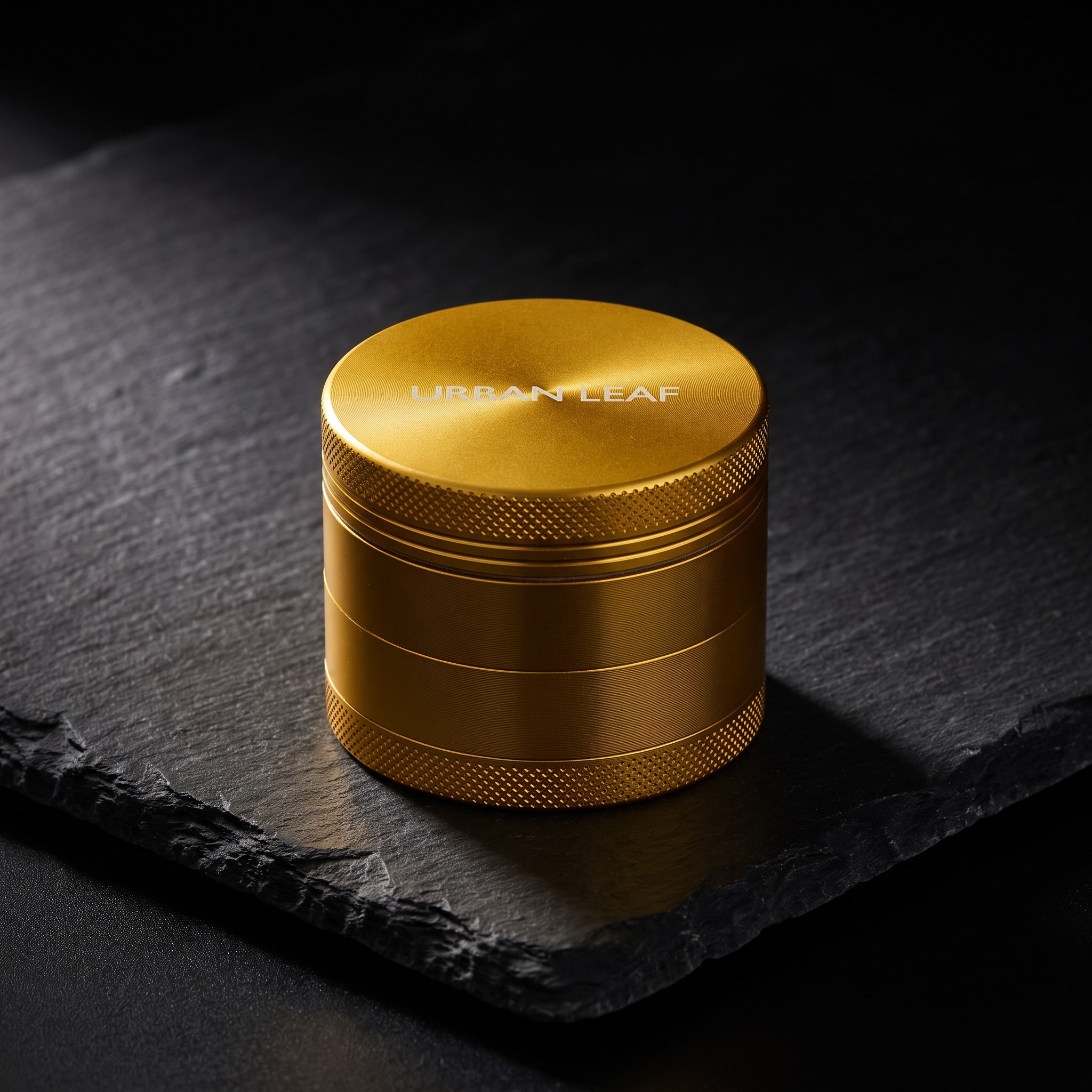 Fine Grinder 2.0 aus Aluminium in Royal Gold auf dunklem Schiefer - hochwertiger Grinder von URBAN LEAF