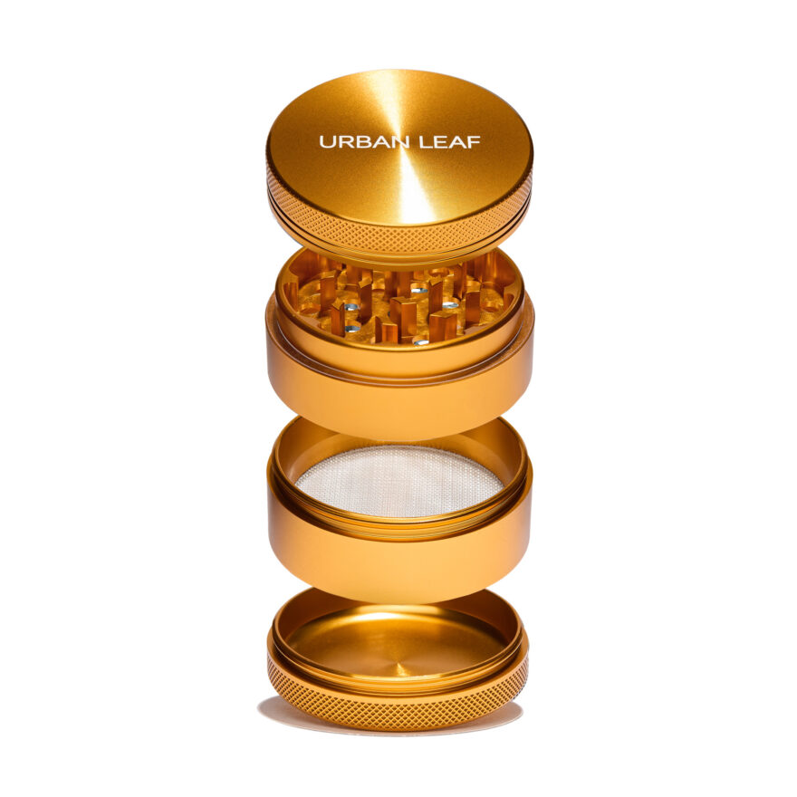 URBAN LEAF Fine Grinder Solo in Gold — Alu Grinder mit einem Pollensieb, 55 mm, in vier Ebenen zerlegt übereinander, Pollensieb sichtbar