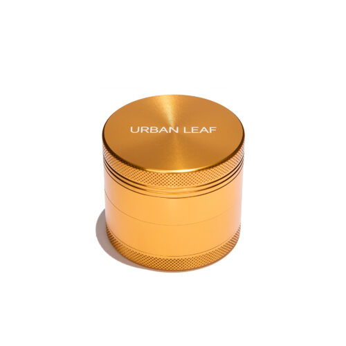 URBAN LEAF Fine Grinder Solo in Gold — Alu Grinder mit einem Pollensieb, 55 mm, stehend mit graviertem URBAN LEAF Deckel