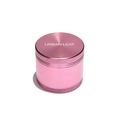 URBAN LEAF Fine Grinder Solo in Pink — Alu Grinder mit einem Pollensieb, 55 mm, stehend mit graviertem URBAN LEAF Deckel