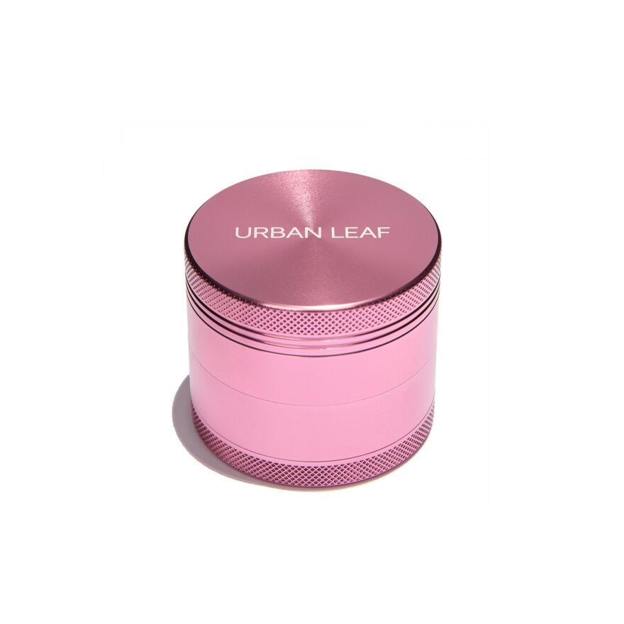 URBAN LEAF Fine Grinder Solo in Pink — Alu Grinder mit einem Pollensieb, 55 mm, stehend mit graviertem URBAN LEAF Deckel