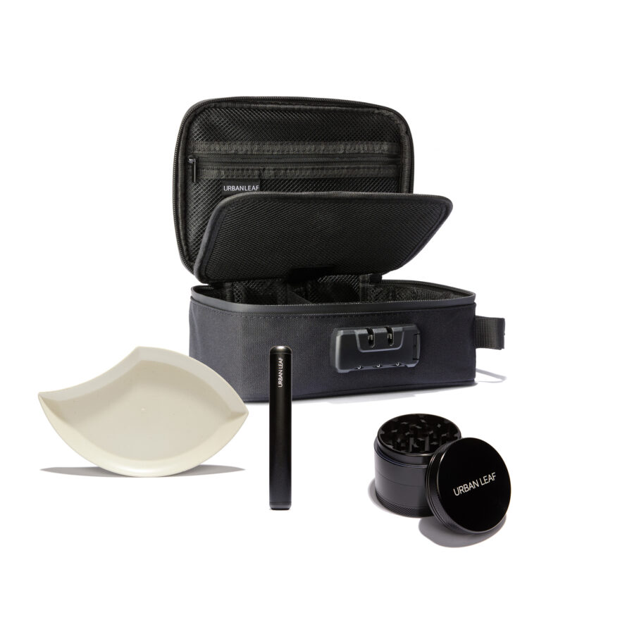 URBAN LEAF Geschenkset Enthusiast mit geruchsdichter Tasche, Joint Hülle, Rolling Tray und FineGrinder Solo in Schwarz