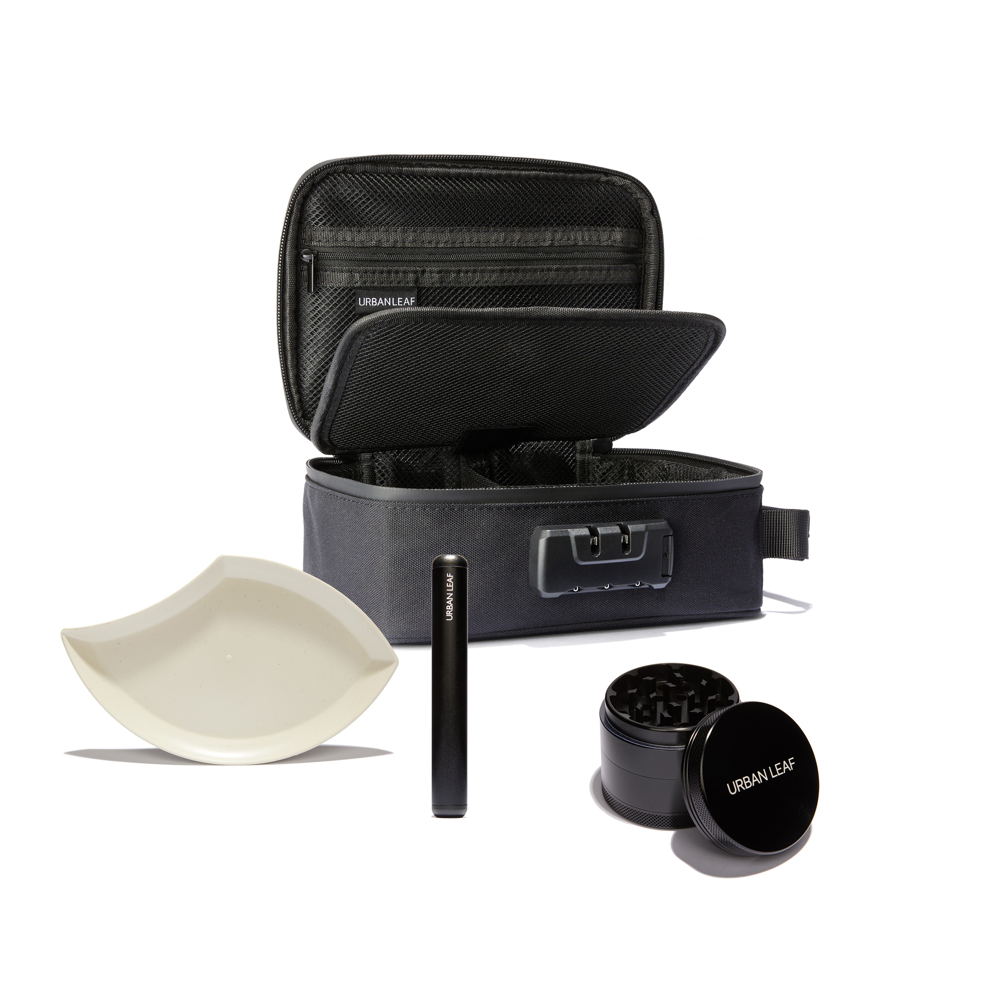 URBAN LEAF Geschenkset Enthusiast — geruchsdichte Tasche, Joint Hülle, Rolling Tray und FineGrinder Solo URBAN LEAF Geschenkset Enthusiast mit geruchsdichter Tasche, Joint Hülle, Rolling Tray und FineGrinder Solo in Schwarz