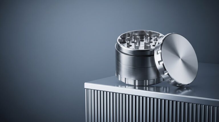 Geöffneter Edelstahl Grinder mit angelehntem Deckel auf einem Metallsockel vor blaugrauem Hintergrund