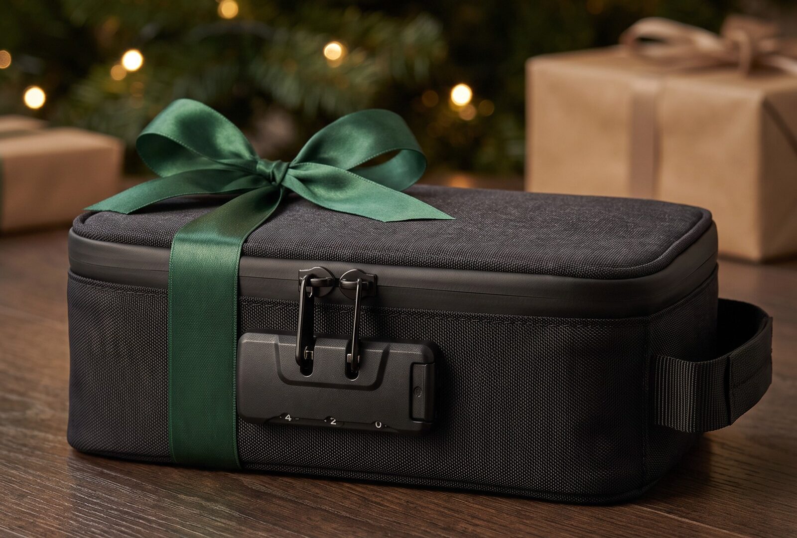 Schwarze geruchsdichte Tasche mit grüner Satinschleife als Weihnachtsgeschenk unter dem Christbaum, das Zahlenschloss bleibt sichtbar