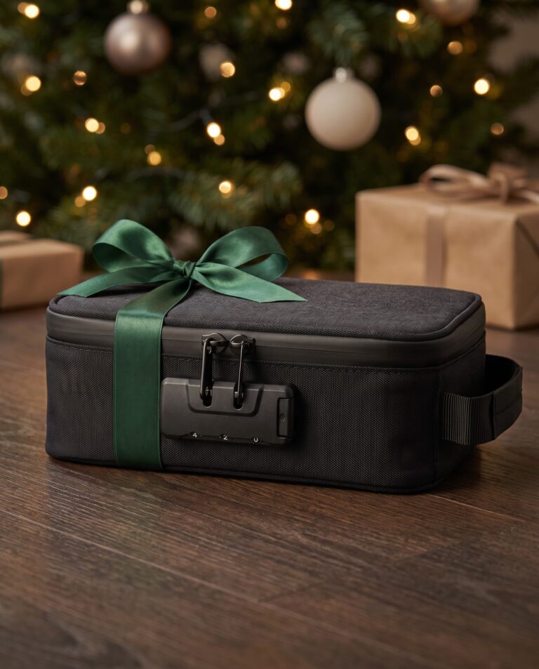 Schwarze geruchsdichte Tasche mit grüner Satinschleife als Weihnachtsgeschenk unter dem Christbaum, das Zahlenschloss bleibt sichtbar